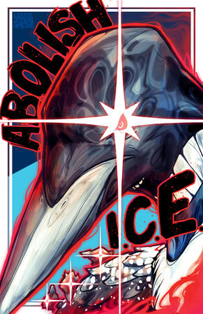 Digital illustration of a very, very pissed Minnesotan laser loon, with red-outlined black text that reads "ABOLISH I.C.E.". The loon, alongside its three chicks, has a bright white laser beaming from its visible eye in the shape of the Minnesota flag Nort