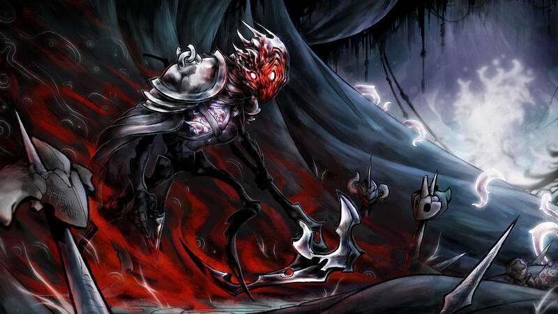 Illustration of Stalker from Warframe in the styles and themes of Hollow Knight. For his design, I was inspired by the Pure Vessel and Pale King from Hollow Knight while making references to the Jade Shadows quest in Warframe.