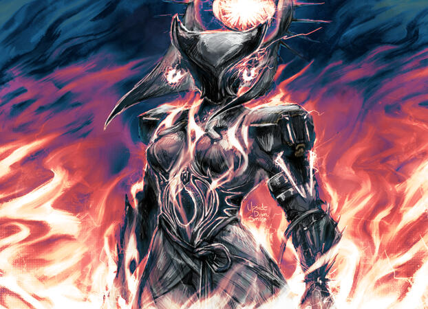 Digital painting of my Valkyr Heirloom fashion from Warframe, sporting her Carnivex helmet, her Heirloom signa, and some armor pieces.
