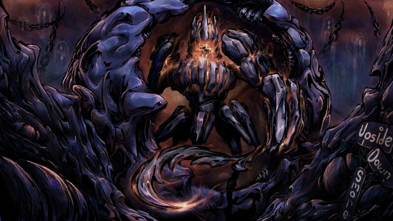 A digital illustration of Qorvex from Warframe loosely based on the Black Egg, Abyss, and Kingsmoulds from Hollow Knight. The monster emerges from its ancient shell.