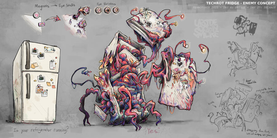 A digital fan concept illustration of a Warframe Techrot enemy based on a refrigerator, featuring "before" and "after" stages, initial sketches, and a transformation concept for the fridge magnet eye stalks.