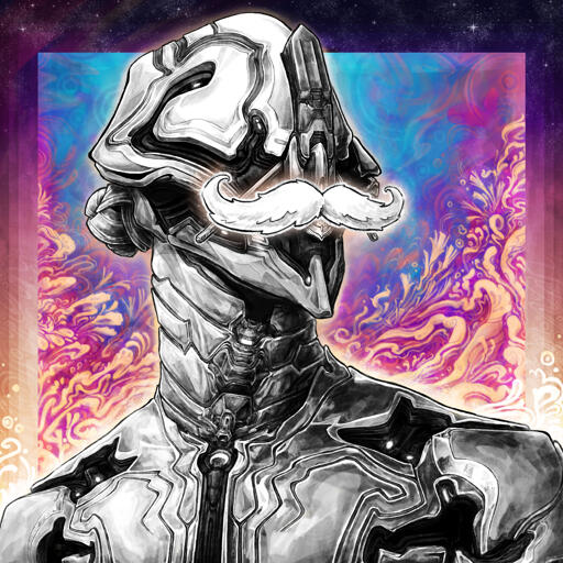 Colored final glyph of Baruuk from Warframe sporting a glowing white mustache on top of a colorful background.