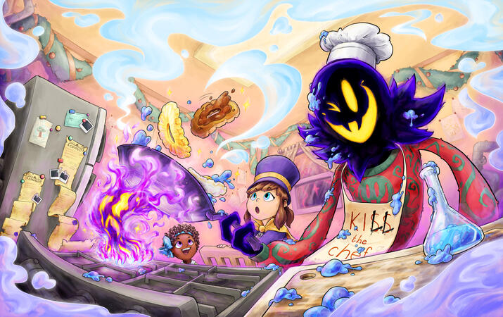 Digital holiday illustration of a number of A Hat in Time characters. The Snatcher is frying up a gear-shaped breakfast (in reference to the Gears for Breakfast logo) over a haunting gas stove flame, colorful vapor billowing out into the detailed kitchen a