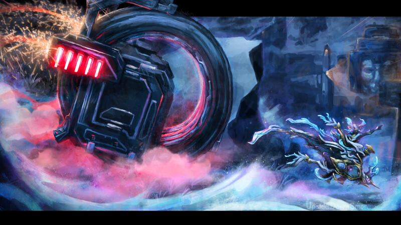 Digital painting of a red coildrive giving chase to Yareli Prime, referencing a frame from the Yareli Prime trailer at 1:23.