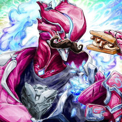 UpsideDownSmore Warframe creator glyph Brightly colored digital portrait illustration of my avatar: a modified version of my Warframe drifter fashion with a big curled mustache, a Harrow Chassis Blueprint t-shirt, differently styled flowers and plume, and holding a smore. Included as a creator